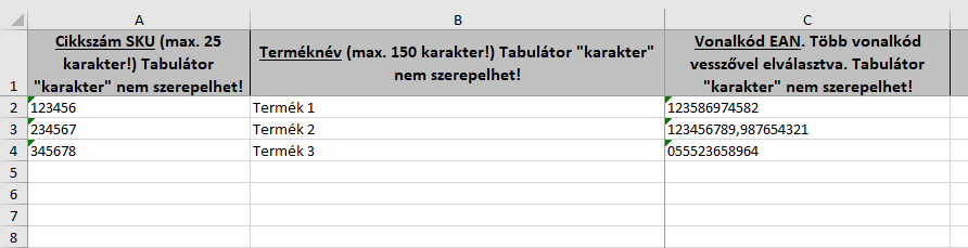 terméklista az új fulfillment termékekhez minta táblázat